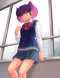 against_windowsill alternate_costume artist_name black_hair blue_skirt blue_vest bow bowtie breasts building closed_mouth commentary eyeshadow green_eyeshadow hallway hand_up kurama_(urusei_yatsura) leaning_back looking_at_viewer makeup miz_mus multicolored_hair pleated_skirt purple_hair red_bow red_eyes school_uniform shirt skirt small_breasts standing twitter_username two-tone_hair urusei_yatsura vest white_shirt window windowsill