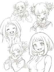 Rule 34 | 2girls, blunt bangs, blush, bob cut, boku no hero academia, breasts, claw pose, closed eyes, double bun, hair bun, highres, knife, large breasts, licking, licking blade, licking weapon, lineart, looking at viewer, monochrome, multiple girls, multiple views, nattocurryumeee, neckerchief, open mouth, own hands together, parted bangs, portrait, sailor collar, school uniform, serafuku, short hair, sidelocks, simple background, sketch, slit pupils, smile, teeth, thick eyebrows, toga himiko, tongue, tongue out, upper body, upper teeth only, uraraka ochako, weapon, white background