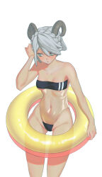 1girl arm_at_side averting_eyes bare_shoulders black_one-piece_swimsuit braid breasts collarbone commentary crown_braid curled_fingers curled_horns double_vertical_stripe embarrassed english_commentary eyebrows_hidden_by_hair facing_viewer gluteal_fold goat_horns grey_eyes grey_hair grey_horns gris_swimsuit groin hair_between_eyes half-closed_eyes hand_in_own_hair hand_on_own_head hand_up head_down highleg highleg_one-piece_swimsuit highres holding holding_swim_ring horns innertube karassawa light_blush long_eyelashes long_legs looking_down looking_to_the_side meme_attire mole mole_under_eye narrowed_eyes navel one-piece_swimsuit open_hand original parted_hair parted_lips pink_innertube raised_eyebrows raised_inner_eyebrows see-through_clothes see-through_one-piece_swimsuit short_hair shy sidelocks simple_background single_braid small_breasts solo standing strapless strapless_one-piece_swimsuit swim_ring swimsuit thick_eyebrows thick_eyelashes thigh_gap thighs two-tone_innertube underboob white_background white_stripes wide_hips yellow_innertube