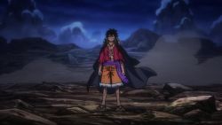 1boy abs alternate_form angry animated anime_screenshot aura black_hair blouse clenched_teeth cross_scar devil_fruit evil_grin evil_smile fighting fighting_stance gear_fourth grin haki_(one_piece) incoming_attack large_pectorals long_hair looking_at_another monkey_d._luffy muscular night night_sky one_piece open_clothes open_shirt pectorals scar scar_on_chest serious shida_naotoshi shirt short_hair sky smile spikes teeth topless_male transformation video weapon wind