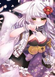Rule 34 | 1girl, animal ears, bell, breasts, cleavage, collar, dress, emil chronicle online, flower ornament, fox ears, fox girl, fox tail, frilled collar, frilled dress, frills, hair ornament, highres, japanese clothes, kimono, large breasts, looking at viewer, satsuki atan, tail, tamamo lore, white hair, yellow eyes
