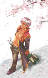 1boy belt black_belt black_coat bottle brown_pants cherry_blossoms closed_mouth coat commentary_request full_body gold_trim grey_hair long_sleeves looking_at_viewer makishi_yaichi male_focus multicolored_coat open_clothes open_coat pants priest_(ragnarok_online) purple_shoes ragnarok_online red_coat shoes short_hair smile solo two-tone_coat walking wine_bottle yellow_eyes