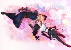 1boy 1girl armor bare_shoulders black_hair black_skirt black_thighhighs blonde_hair blue_eyes blush boots breasts cloud_strife couple crop_top detached_sleeves field final_fantasy final_fantasy_vii final_fantasy_vii_remake flower flower_field full_body gloves hair_flower hair_ornament hand_on_another&#039;s_head highres large_breasts long_hair looking_at_another low-tied_long_hair lying midriff navel on_back pink_flower red_eyes red_footwear shoulder_armor skirt sleeveless sleeveless_turtleneck spiked_hair spykeee suspender_skirt suspenders tank_top thighhighs tifa_lockhart turtleneck white_tank_top