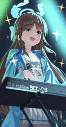 Rule 34 | 1girl, :d, absurdres, airi (band) (blue archive), airi (blue archive), animal print, backlighting, blue archive, blue jacket, blush, bow, brown hair, cat print, chinese commentary, commentary request, cowboy shot, eyes visible through hair, green bow, green eyes, hair bow, hair intakes, half updo, happy, highres, instrument, jacket, keyboard (instrument), long hair, long sleeves, looking ahead, miniskirt, music, open clothes, open jacket, open mouth, parted bangs, playing instrument, pleated skirt, print shirt, re naya, shirt, skirt, smile, solo, sparkle, teeth, upper teeth only, very long hair, white shirt, white skirt