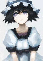 1girl absurdres aqua_eyes black_bow black_hair black_sash black_trim blue_dress blue_eyes blue_hat bob_cut bow chest_bow collar collarbone dress frilled_collar frilled_hat frills grey_eyes grin hat highres huke looking_up medium_hair official_art parted_lips pink_frills pink_lips puffy_short_sleeves puffy_sleeves ribbon ringed_eyes sash shiina_mayuri shiny_lips short_hair short_sleeves smile solo square_pupils steins;gate steins;gate:_my_darling&#039;s_embrace tareme waist_sash white_background