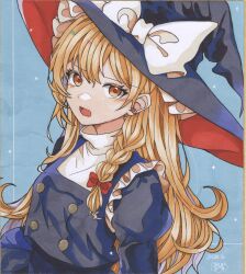 1girl 870hanamarumomo absurdres blonde_hair bow braid dated hair_bow hat hat_bow highres kirisame_marisa open_mouth orange_eyes red_bow side_braid signature solo touhou traditional_media white_bow witch_hat
