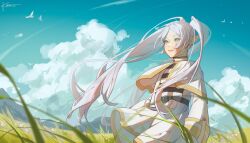 1girl bird blue_sky capelet closed_mouth cloud commentary earrings elf floating_hair frieren grass green_eyes highres jewelry kwnce long_hair long_sleeves pointy_ears skirt sky solo sousou_no_frieren twintails white_capelet white_hair white_skirt