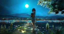 00 1girl animal barefoot blurry cat city city_lights cityscape dark dock dress female_focus full_moon grass highres holding holding_animal looking_at_viewer moon moonlight mountain night original partially_submerged reflection scenery short_hair sky smile solo tree wading water white_dress
