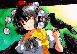 1girl bird bird_on_hand bird_wings black_bow black_bowtie black_hair black_ribbon black_wings bow bowtie collared_shirt geta hair_between_eyes hat pom_pom_(clothes) red_eyes ribbon rinka_(qqqrinkappp) shameimaru_aya shirt solo tengu tengu-geta tokin_hat touhou traditional_media white_shirt wings