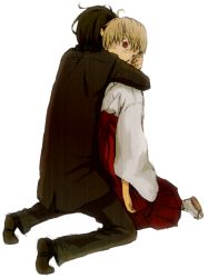 Rule 34 | 00s, 2boys, black hair, blonde hair, blush, couple, formal clothes, haruka, hug, ichinomiya kantarou, japanese clothes, male focus, multiple boys, pants, red eyes, sandals, short hair, suit, tactics, yaoi