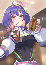 1girl ahoge bag belt belt_pouch black_gloves black_leotard blurry blurry_background blush breasts burger ceiling_light cheese collared_shrug colored_inner_hair commentary drink_bag drinking drinking_straw drinking_straw_in_mouth fingerless_gloves fingernails food food_wrapper from_below gloves hair_intakes hair_ornament hairclip hands_up highleg highleg_leotard highres holding holding_burger holding_food indoors large_breasts leotard lettuce long_sleeves looking_at_viewer looking_down multicolored_hair nail_polish pink_belt pink_hair pink_nails plastic_bag pouch puffy_long_sleeves puffy_sleeves purple_hair red_eyes short_hair shrug_(clothing) skirt sliced_cheese solari_riko solo sparkle star_(symbol) star_hair_ornament streaked_hair taut_leotard thick_eyelashes tomato tomato_slice upper_body virtual_youtuber vspo! vspo!_en white_shrug white_skirt yoto_4102