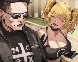1boy 1girl ani_(xai) black_camisole black_choker black_hair black_jacket black_shirt blonde_hair breasts camisole cellphone choker closed_eyes crop_top elon_musk grok_(xai) hashtag-only_commentary holding holding_phone jacket jk_arts large_breasts midriff my_chemical_romance navel open_mouth phone real_life shirt smartphone smile spacex sunglasses tank_top twintails twitter