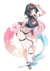 Rule 34 | 1girl, absurdres, animal ears, arm strap, bag, bikini, black bikini, black hair, breasts, chamaru5963, eyewear on head, food in mouth, full body, green eyes, highres, holding, holding swim ring, innertube, jane doe (zenless zone zero), large breasts, long hair, long tail, mouse ears, mouse girl, mouse tail, navel, pink-framed eyewear, shoulder bag, smile, string bikini, swim ring, swimsuit, tail, tail around own leg, thigh strap, torn cloth, zenless zone zero