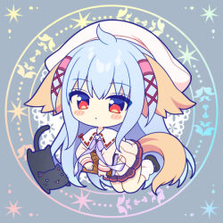 1girl ahoge animal animal_ears black_cat black_shoes black_skirt blue_hair blush_stickers cat chibi closed_mouth commentary_request full_body grey_background hair_between_eyes hat jacket looking_at_viewer loose_socks nursery_rhyme pleated_skirt red_eyes ryuuka_sane shikishima_krile shoes skirt socks solo tail white_hat white_jacket white_socks