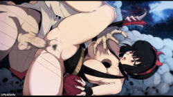 black_choker black_dress black_hair breasts bridal_gauntlets choker dress female_pubic_hair hairband hole_on_body inuyasha inuyasha_(character) large_breasts orphen_(pink_seito) pubic_hair red_eyes red_lips sakasagami_no_yura sex short_dress short_hair skull sleeveless sleeveless_dress spread_legs vaginal