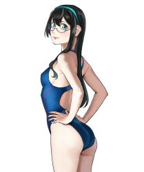 1girl absurdres amanattou_shigure aqua_eyes ass black_hair blue_one-piece_swimsuit breasts competition_swimsuit from_behind glasses green_hairband hairband hands_on_own_hips highres kantai_collection long_hair one-piece_swimsuit ooyodo_(kancolle) racerback simple_background small_breasts solo swimsuit white_background