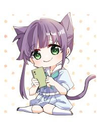 Rule 34 | 1girl, animal ears, aqua neckerchief, blue dress, cat ears, cat girl, cat tail, cellphone, chibi, chibi only, closed mouth, collarbone, commentary, dress, full body, green eyes, hasu no sora school uniform, highres, holding, holding phone, kanduki kamibukuro, knees together feet apart, link! like! love live!, lone nape hair, love live!, neckerchief, orange background, otomune kozue, phone, polka dot, polka dot background, puffy short sleeves, puffy sleeves, purple hair, sailor collar, sailor dress, school uniform, short sleeves, sidelocks, smartphone, smile, socks, solo, split mouth, summer uniform, tail, virtual youtuber, white background, white sailor collar, white socks