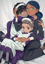 3girls black_dress black_hair brown_hair commentary_request dark-skinned_female dark_skin dress green_eyes gundam gundam_gquuuuuux hands_up highres lalah_sune long_hair looking_at_viewer maid maid_headdress multiple_girls yy_shibata