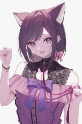 1girl animal_ears bare_shoulders bow bracelet braid brown_eyes brown_hair cat_cutout cat_ears cat_girl cat_rubbing_(cevio) chest_bow clothing_cutout collar commentary eyeshadow frilled_shirt frills gauze gauze_on_arm gauze_on_cheek hair_bow heart_bracelet heart_collar highres jewelry jirai_kei lace_shirt leash looking_at_viewer makeup open_mouth paw_pose pink_nails pink_shirt project_sekai purple_bow shinonome_ena shirt short_hair side_braid sidelocks solo swept_bangs upper_body white_background yuki_hare1130