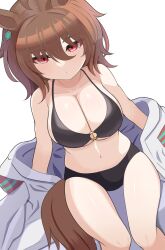 1girl agnes_tachyon_(umamusume) ahoge alternate_costume animal_ears armpit_crease bare_shoulders bikini black_bikini blush breasts brown_hair chemical_structure cleavage coat coat_partially_removed collarbone commentary_request earrings from_above hair_between_eyes highres horse_ears horse_girl horse_tail jewelry lab_coat large_breasts messy_hair navel o-ring o-ring_bikini red_eyes setsuzan_uma short_hair simple_background single_earring sitting solo swimsuit tail umamusume white_background white_coat