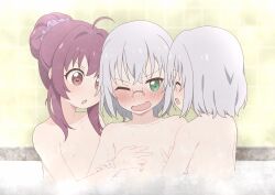 2girls absurdres bath blush breasts brown_eyes glasses green_eyes highres ikeda_chitose ikeda_chizuru indoors long_hair looking_at_another multiple_girls nipples okaasan_(okaasandx) one_eye_closed open_mouth purple_hair short_hair small_breasts smile sugiura_ayano white_hair yuri yuruyuri