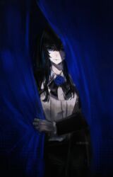 1girl absurdres ado_(utaite) black_bow black_bowtie black_coat black_hair blue_flower blue_hair blue_rose bow bowtie brooch chando_(ado) coat commentary curtains english_commentary flower flower_brooch gloves highres jewelry long_hair long_sleeves multicolored_hair rose shirt solo streaked_hair utaite white_gloves white_shirt yorulost