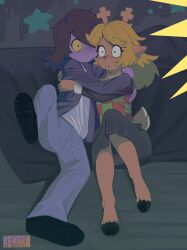2girls ^^^ animal_ears antlers artist_logo black_skirt blonde_hair blue_pants brown_fur brown_hair buck_teeth checkered_clothes checkered_vest colored_sclera colored_skin commentary constricted_pupils deer_ears deer_girl deer_tail deltarune denim dinosaur_girl flinch furry furry_female hair_over_one_eye highres hooves horns hug indoors jacket jeans kemari_(kemono_mario) leg_up logo long_hair long_sleeves multiple_girls noelle_holiday open_clothes open_jacket pants purple_skin reindeer_antlers scared shirt skirt solid_circle_pupils surprised susie_(deltarune) symbol-only_commentary tail teeth vest white_shirt yellow_sclera yuri