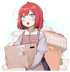1girl :o ange_katrina ange_katrina_(5th_costume) apron blue_eyes blue_pupils blush box box_stack brown_apron cardboard_box carrying_overhead clothing_cutout commentary_request copyright_name cowboy_shot crossed_bangs dot_nose flying_sweatdrops grey_pants grey_shirt hair_ornament hairpin hatyuuruinohito highres holding holding_box jewelry layered_shirt lifting_object long_sleeves mandragora_(ange_katrina) medium_hair multiple_hairpins necklace nijisanji open_mouth outline pants red_hair shirt shoulder_cutout single_hair_intake supermarket_simulator sweat teeth triangle_necklace upper_teeth_only virtual_youtuber white_background white_outline white_shirt