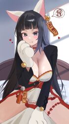 1girl absurdres animal_ears animal_hands artist_request bell black_eyes black_hair blunt_bangs blush breasts cleavage closed_mouth commission dress ear_bell fox_ears gloves heart highres jingle_bell large_breasts long_hair long_sleeves looking_at_viewer on_bed original paw_gloves second-party_source sitting smile solo white_dress