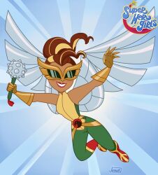 1girl armor belt blue_background boots brown_hair dc_comics dc_super_hero_girls egitojuniior eyes_visible_through_eyewear full_body gloves gold_armor green_pants hawkgirl holding holding_weapon mace metal_wings official_style pants ponytail red_boots signature smile solo spike_ball spiked_mace spikes sunglasses superhero_costume teeth weapon wings
