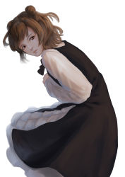 Rule 34 | 1girl, absurdres, beatrice (princess principal), black bow, black dress, bow, brown eyes, brown hair, double bun, dress, female focus, hair bun, hands up, highres, long sleeves, looking at viewer, princess principal, school uniform, short hair, simple background, solo, white background, yottsu me