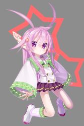 1girl axiacid closed_mouth collared_shirt commentary_request full_body grey_background hair_between_eyes hair_ears hair_flaps hair_ornament highres long_hair long_pointy_ears long_sidelocks long_sleeves looking_at_viewer miniskirt multicolored_shoes original pink_hair pink_shoes pleated_skirt pointy_ears purple_eyes purple_skirt ribbon-trimmed_sleeves ribbon-trimmed_socks ribbon_trim shirt shoes sidelocks skirt sleeves_past_wrists socks solo star_(symbol) star_hair_ornament star_in_eye star_symbol_background suzuka_sutera_(axiacid) symbol_in_eye two-tone_shoes white_shirt white_shoes white_socks wide_sleeves