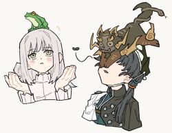 Rule 34 | 2girls, aged down, animal, animal on head, beret, black dress, black hat, bug, chin strap, closed mouth, creature on head, cropped torso, dress, facing up, firing, firing at viewer, fly, frog, grey eyes, grey hair, hair bun, hands up, hat, highres, insect, liang yue (reverse:1999), long hair, looking up, low twintails, medium hair, multiple girls, on head, parted lips, qiangliang (reverse:1999), reverse:1999, single side bun, snake, twintails, upper body, vertin (reverse:1999), white background, white dress, yang miemie benti