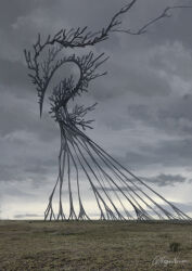 abstract absurdres antlers black_horns eldritch_abomination extra_legs giant giant_monster grey_sky highres horns keselum_(neganeura) monster monster_focus no_humans on_grass original overcast scenery signature sky solo
