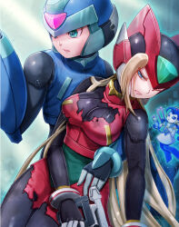 1boy 1girl arm_cannon armor black_bodysuit bliss_zero_(mega_man) blue_armor blue_eyes blue_helmet bodysuit breasts broken_armor cyber_elf_(mega_man) energy_gun forehead_jewel genderswap genderswap_(mtf) gun helmet high-waist_skirt highres holding holding_gun holding_weapon kiwakiwa large_breasts mega_man_(series) mega_man_zero_(series) one_eye_closed red_armor red_helmet red_skirt ringed_eyes skirt svc_chaos torn_clothes torn_skirt weapon x_(mega_man) zero(z)_(mega_man) zero_(mega_man)
