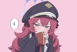 Rule 34 | 1girl, black hat, black jacket, blue archive, blue halo, blush, commentary request, grey eyes, halo, hat, highres, iroha (blue archive), jacket, koucha (sr4ez), long sleeves, looking at viewer, pink background, red hair, simple background, sleeves past wrists, solo, speech bubble, translation request, v-shaped eyebrows