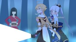 1boy 2girls aether_(genshin_impact) ahoge artist_name ayaka_(genshin_impact) black_hair blonde_hair blue_eyes blush braid earrings english_text faceless faceless_female flashlight genshin_impact high_ponytail highres holding holding_flashlight holding_hands jacket japanese_clothes jewelry kimono long_hair multiple_girls ponytail red_kimono scarf single_braid single_earring twitter_username white_hair white_scarf yuushiba