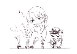 2girls absurdres apron blunt_bangs capelet cooking graf_zeppelin_(kancolle) hat highres kantai_collection long_hair long_sleeves military military_uniform monochrome multiple_girls musical_note nami_nami_(belphegor-5812) peaked_cap pot shin&#039;you_(kancolle) side_ponytail sidelocks spoken_musical_note steam twintails