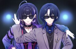 2girls :o ahoge arm_around_shoulder black_collar black_hair black_shirt black_sweater blue_hair blue_shirt blunt_bangs braid chest_tattoo closed_mouth collar collared_shirt commentary_request ear_piercing earrings fingernails gold_earrings gradient_necktie grey_jacket hair_intakes hand_up highres hiodoshi_ao hiodoshi_ao_(1st_costume) hololive hololive_dev_is jacket jewelry lapels linked_piercing long_fingernails long_hair long_sleeves medium_hair meloco_kyoran meloco_kyoran_(1st_costume) multicolored_hair multiple_girls nail_polish necklace necktie nijisanji nijisanji_en open_clothes open_jacket open_mouth parted_bangs piercing pinstripe_jacket pinstripe_pattern purple_hair purple_jacket purple_nails purple_necktie purple_scrunchie ring scrunchie sekka_(sekka1202) shirt side_braids streaked_hair sunglasses sweater tattoo twin_braids upper_body wolf_cut wrist_scrunchie