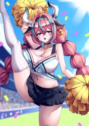 1girl absurdres animal_ears arm_up black_choker blurry blurry_background blush braid breasts cheering cheerleader choker cleavage confetti cow_ears cow_girl crop_top genshin_impact hair_ornament highres holding holding_pom_poms horns large_breasts long_hair looking_at_viewer midriff miniskirt navel nenekure_(kuresgr) outdoors pink_hair pleated_skirt pom_pom_(cheerleading) pom_poms purple_eyes skirt solo thighhighs twin_braids varesa_(genshin_impact) very_long_hair white_skirt white_thighhighs x_hair_ornament