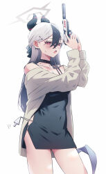 Rule 34 | 1girl, absurdres, black choker, black dress, black hair, black horns, black nails, blue archive, blush, brown jacket, choker, commentary request, contrapposto, cursor, demon horns, dress, ear piercing, furrowed brow, grey hair, gun, h&amp;k p30, hair between eyes, halo, handgun, highres, holding, holding gun, holding weapon, horns, jacket, kayoko (blue archive), kayoko (dress) (blue archive), kinukinu otofu, long hair, long sleeves, looking at viewer, mole, mole on neck, multicolored hair, official alternate costume, official alternate hairstyle, open mouth, piercing, red eyes, simple background, single wing, solo, standing, suppressor, sweat, trigger discipline, two-tone hair, weapon, white background, wings