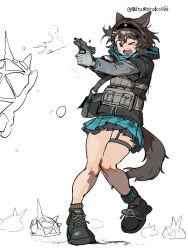 &gt;_o 1girl animal_ears anklet arknights bag black_bag black_hairband black_jacket black_shoes blue_skirt brown_eyes brown_hair casing_ejection chest_rig firing fox_ears fox_girl fox_tail full_body gloves grey_gloves gun hairband handgun highres holding holding_gun holding_weapon hood hood_down hooded_jacket infection_monitor_(arknights) jacket jewelry layered_sleeves long_sleeves miniskirt mutomorokoshi one_eye_closed originium_slug_(arknights) partially_colored rhodes_island_medic_(arknights) shell_casing shoes short_hair short_over_long_sleeves short_sleeves shoulder_bag simple_background skindentation skirt solo tail thigh_strap thighs twitter_username two-handed weapon