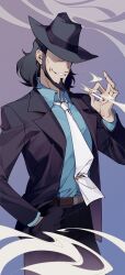 1boy asam beard belt black_jacket black_pants blue_shirt brown_belt cigarette collared_shirt facial_hair fedora formal_clothes grin hand_in_pocket hat hat_over_eyes highres holding holding_cigarette jacket jigen_daisuke looking_to_the_side lupin_iii male_focus medium_hair necktie pants shirt sideburns smile smoke white_necktie wing_collar