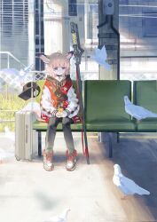 1girl animal_ears arknights baseball_cap bird black_choker black_hoodie black_pants blue_eyes braid choker closed_mouth commentary_request day dove fanny_pack fox_ears fox_girl fox_tail hat highres holding_juice_box hood hood_down hoodie jacket jacket_over_hoodie kuthi0510 letterman_jacket looking_at_animal looking_to_the_side medium_hair on_bench outdoors pants red_jacket rolling_suitcase shade shoes side_braid sitting smile sneakers solo staff suitcase sussurro_(arknights) sussurro_(travel_freely)_(arknights) tail train_station_platform unworn_hat unworn_headwear urban wide_shot