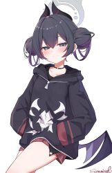1girl alternate_hairstyle black_choker black_hair black_hoodie black_horns blue_archive braid braided_bun choker cosplay demon_horns demon_wings double_bun grey_eyes grey_halo hair_between_eyes hair_bun halo hands_in_pockets highres hood hood_down hoodie horns kayoko_(blue_archive) kayoko_(blue_archive)_(cosplay) kisaki_(blue_archive) long_sleeves looking_at_viewer sazamiso_rx single_wing solo wings