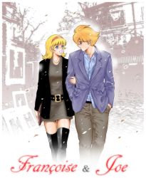 1girl 4boys bag belt blonde_hair boots breasts coat collarbone couple cyborg_009 francoise_arnoul hair_over_one_eye hairband handbag highres holding holding_bag leaf long_hair multiple_boys pants shimamura_joe shirt short_hair smile sweater taki_reki