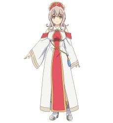 Rule 34 | 1girl, anime coloring, blush, boots, breasts, chain, cleric, closed mouth, dress, full body, grey hair, hair between eyes, hat, highres, isekai maou to shoukan shoujo no dorei majutsu, kaneko shizue, large breasts, long hair, long sleeves, looking at viewer, lumachina weselia, official art, red hat, sidelocks, simple background, smile, solo, standing, tareme, transparent background, very long hair, white boots, wide sleeves, yellow eyes