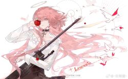 1girl apple arknights assault_rifle bare_shoulders bird black_choker black_skirt blunt_bangs blunt_ends character_name choker collarbone cowboy_shot cross cross_choker dove expressionless eyelashes fingernails floating_clothes floating_hair food frilled_shirt frills fruit gun halo high-waist_skirt highres holding holding_food holding_fruit holding_gun holding_weapon lemuen_(arknights) long_hair long_sleeves miniskirt off-shoulder_shirt off_shoulder one_eye_covered parted_lips pink_eyes pink_hair pleated_skirt rifle shirt skirt sleeve_cuffs solo standing studded_choker teeth traditional_halo very_long_hair watermark weapon weibo_watermark white_background white_shirt wind yellow_halo zhanzhan_lan