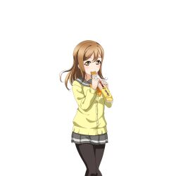 Rule 34 | 1girl, anime coloring, biting, black pantyhose, blush, bow, bowtie, bread, brown hair, cardigan, eating, feet out of frame, food, grey sailor collar, grey skirt, hands up, holding, holding food, kunikida hanamaru, long hair, long sleeves, looking at viewer, love live!, love live! school idol festival, love live! sunshine!!, miniskirt, noppo bread, official art, pantyhose, pleated skirt, sailor collar, school uniform, skirt, smile, solo, standing, three quarter view, transparent background, uranohoshi school uniform, winter uniform, yellow bow, yellow bowtie, yellow cardigan, yellow eyes