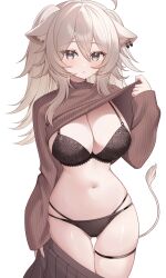 1girl absurdres ahoge alternate_costume animal_ear_fluff animal_ear_piercing animal_ears black_bra black_panties bra breasts cleavage closed_mouth clothes_lift clothes_pull cowboy_shot demcheg double-parted_bangs grey_eyes grey_hair grey_skirt grey_sweater hair_between_eyes hand_up highres hololive lace lace-trimmed_bra lace_trim large_breasts lion_ears lion_tail long_hair long_sleeves looking_at_viewer messy_hair multi-strapped_panties navel panties pleated_skirt ribbed_sweater shishiro_botan sidelocks simple_background skirt skirt_pull solo stomach sweater sweater_lift tail thigh_gap thigh_strap turtleneck turtleneck_sweater two_side_up underwear virtual_youtuber white_background